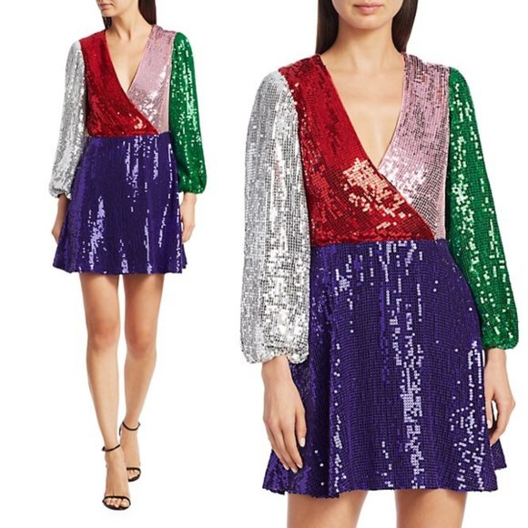Alice + Olivia Blaze Colorblock Sequin Mini Dress Puff Sleeve Wrap Fit and Flare - Picture 1 of 12